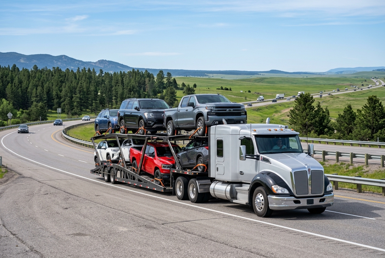 ZMK Logistics car hauler transporting vehicles on the highway